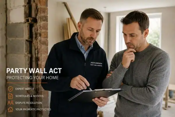 Party wall surveyor Holmfirth discussing extension plans with homeowner outside a UK semi-detached house.